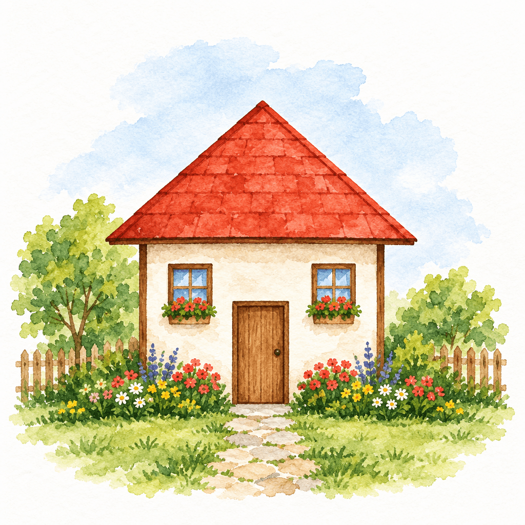Watercolor cottage created from that sketch