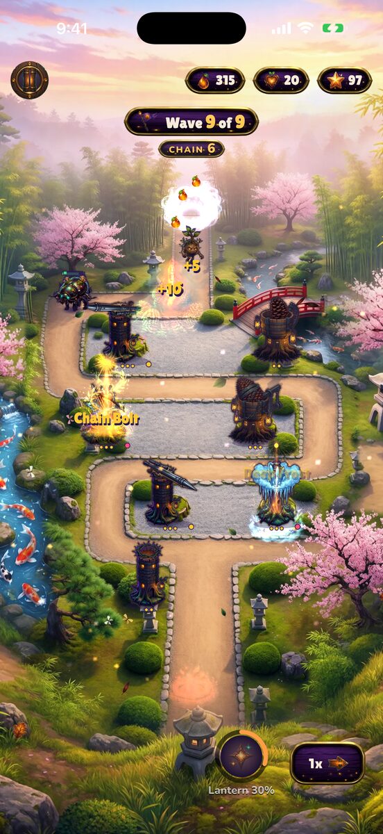 Towers firing on the Bamboo Garden map