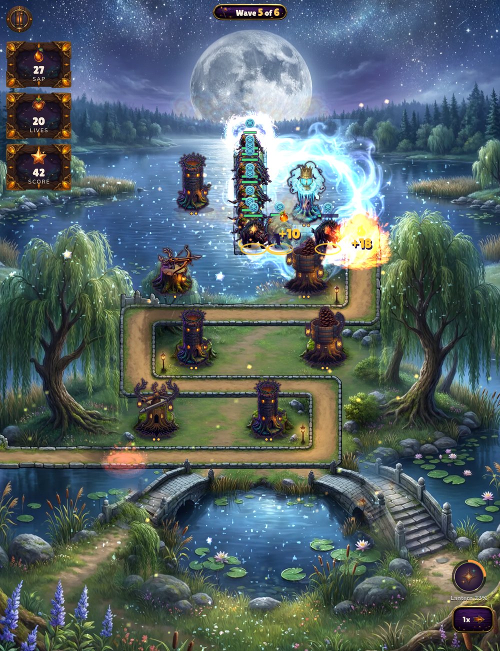 Bramblewatch on iPad: towers fire across the Swan Lake Moon map under a full moon