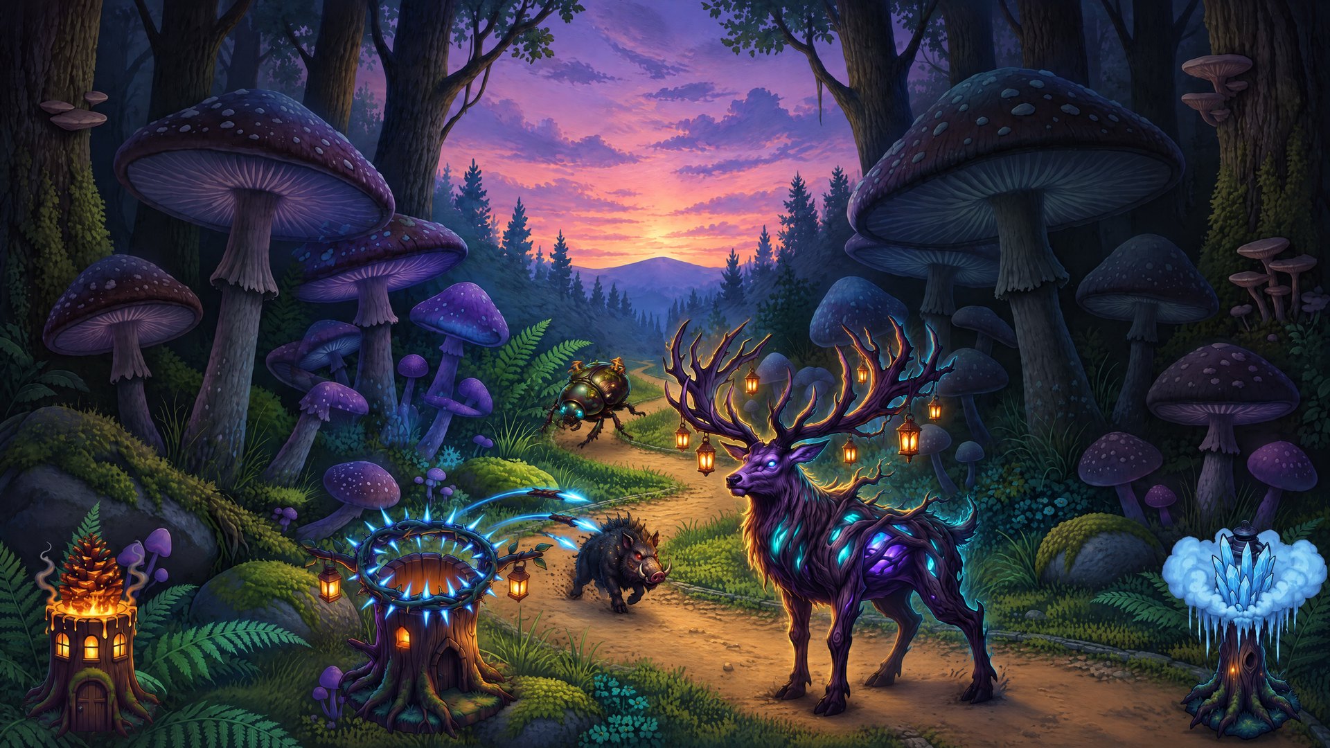Key art: the Hollow Stag walks a lantern-lit forest road between giant mushrooms, with a Thornshooter, a Pinecone Mortar and a Mistlamp beside it and a boar and a beetle on the road